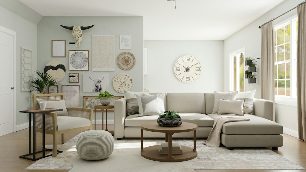 Bright modern living space with full-height curtains